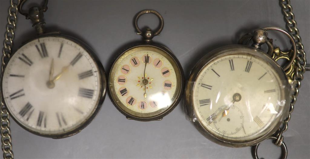 A Victorian silver pair cased keywind verge pocket watch, 2 others and two chains.